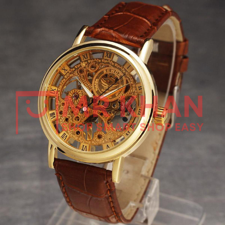 Brown Leather Skeleton Watch for Men